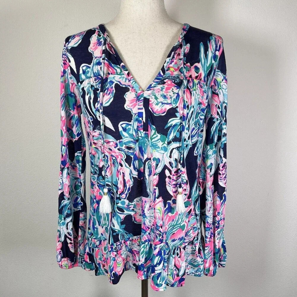 Lilly Pulitzer Top Blouse Size XS Blue Pink Long Sleeve Beach Tropical Fish